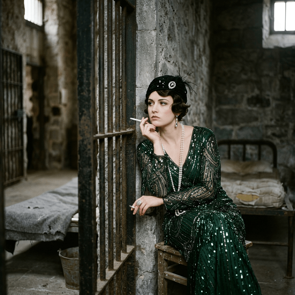 Woman in 1920s green sequined dress and black headpiece smoking in a stone-walled prison cell