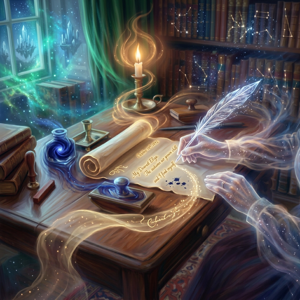 Person writing a letter with a quill pen on parchment at a wooden desk with candle and books