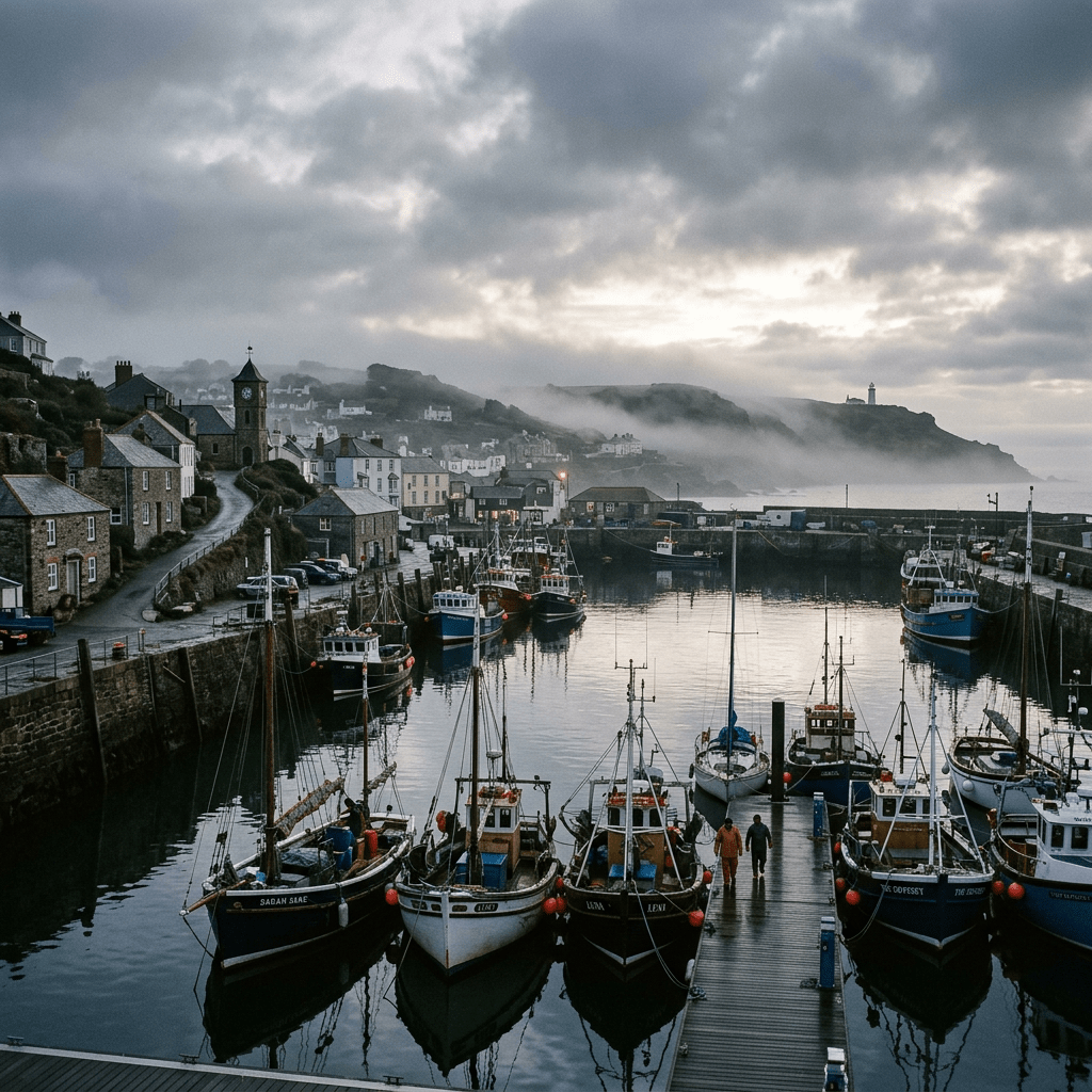 Fishing boats moored in a harbor with misty hills and lighthouse beyond