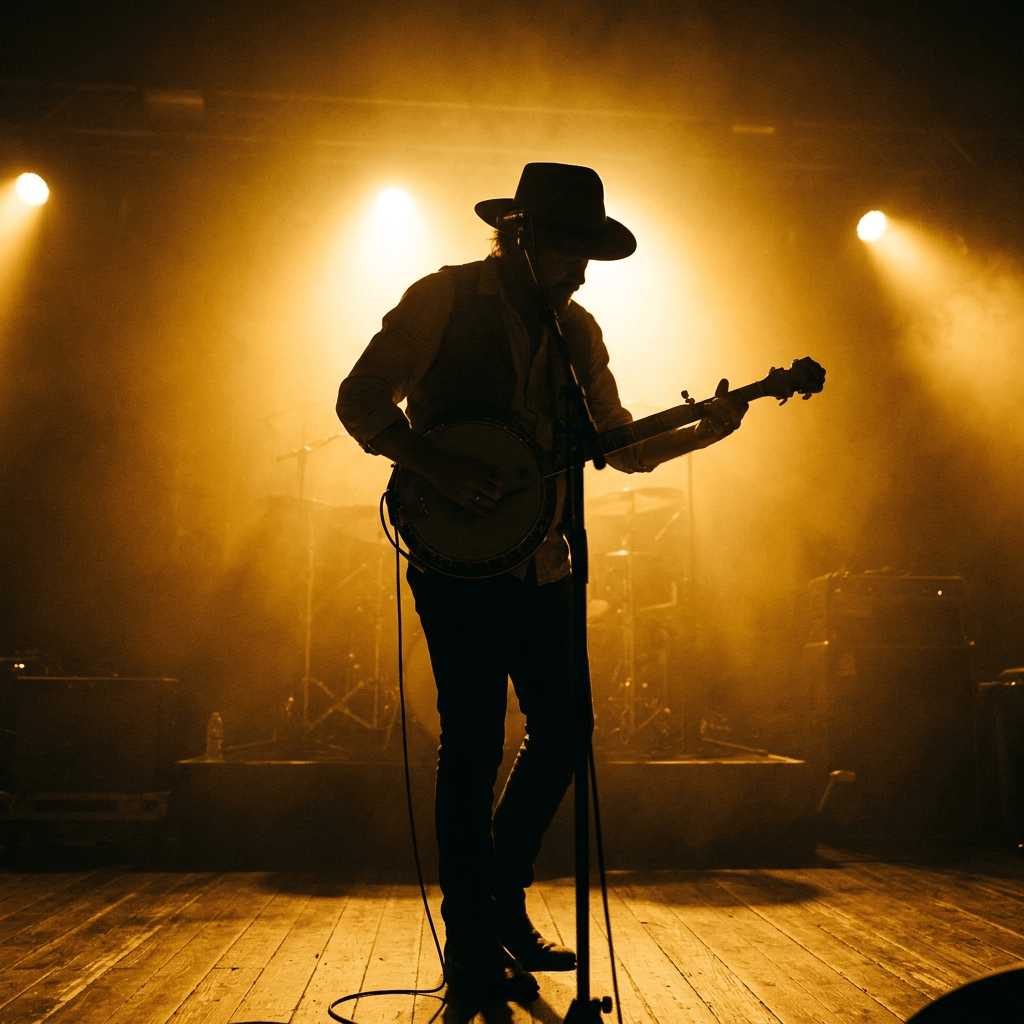 Musician with cowboy hat playing banjo on stage with warm backlighting