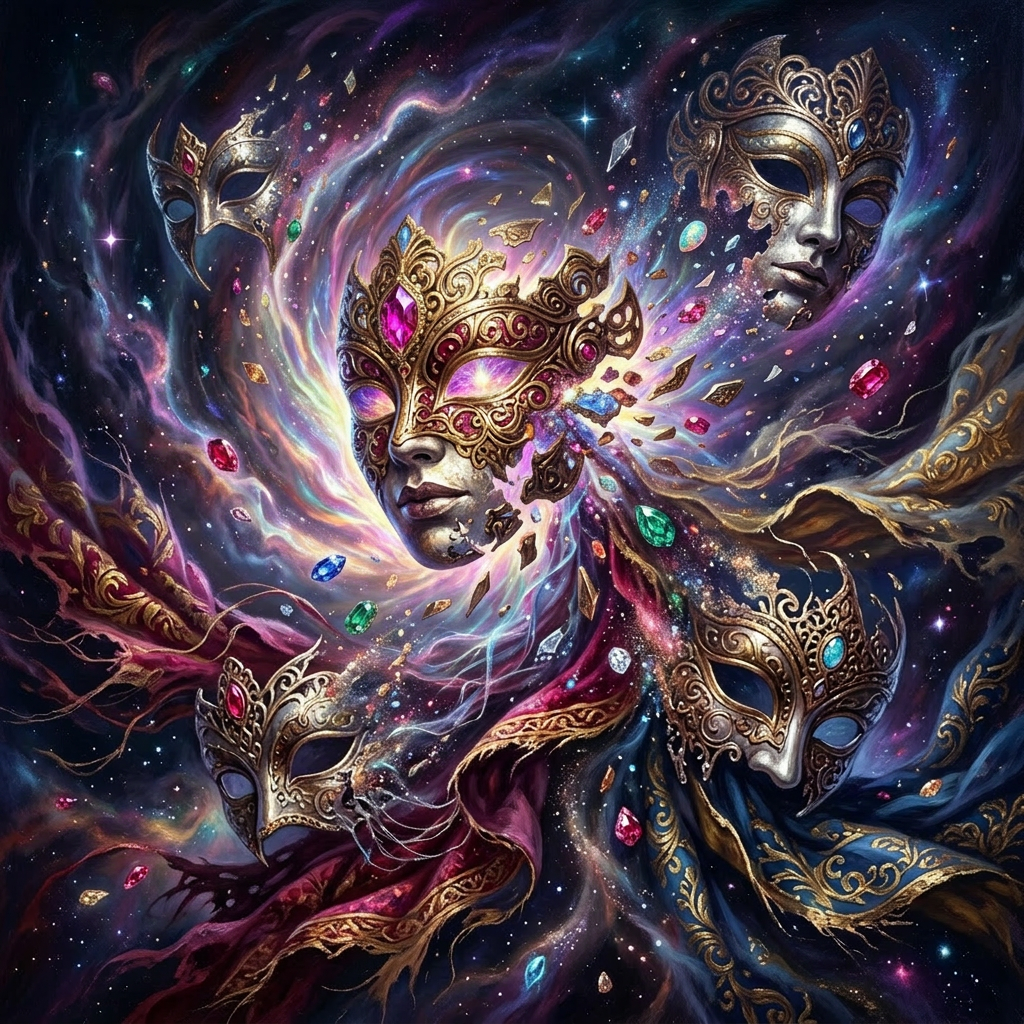 Five ornate Venetian masks with gold filigree and colorful jewels swirling in a cosmic background