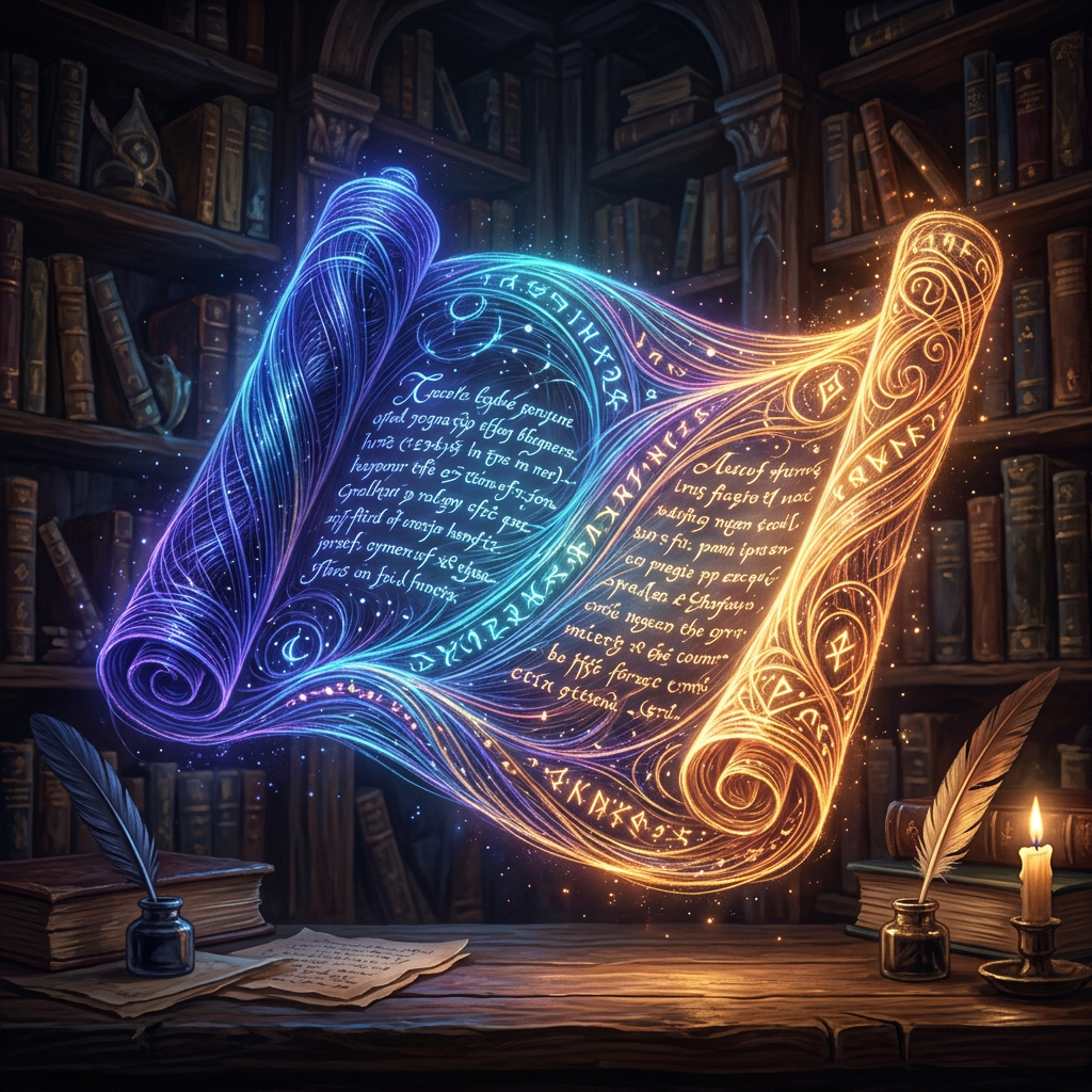 Two glowing magical scrolls with ancient text floating above a wooden desk surrounded by books and quills