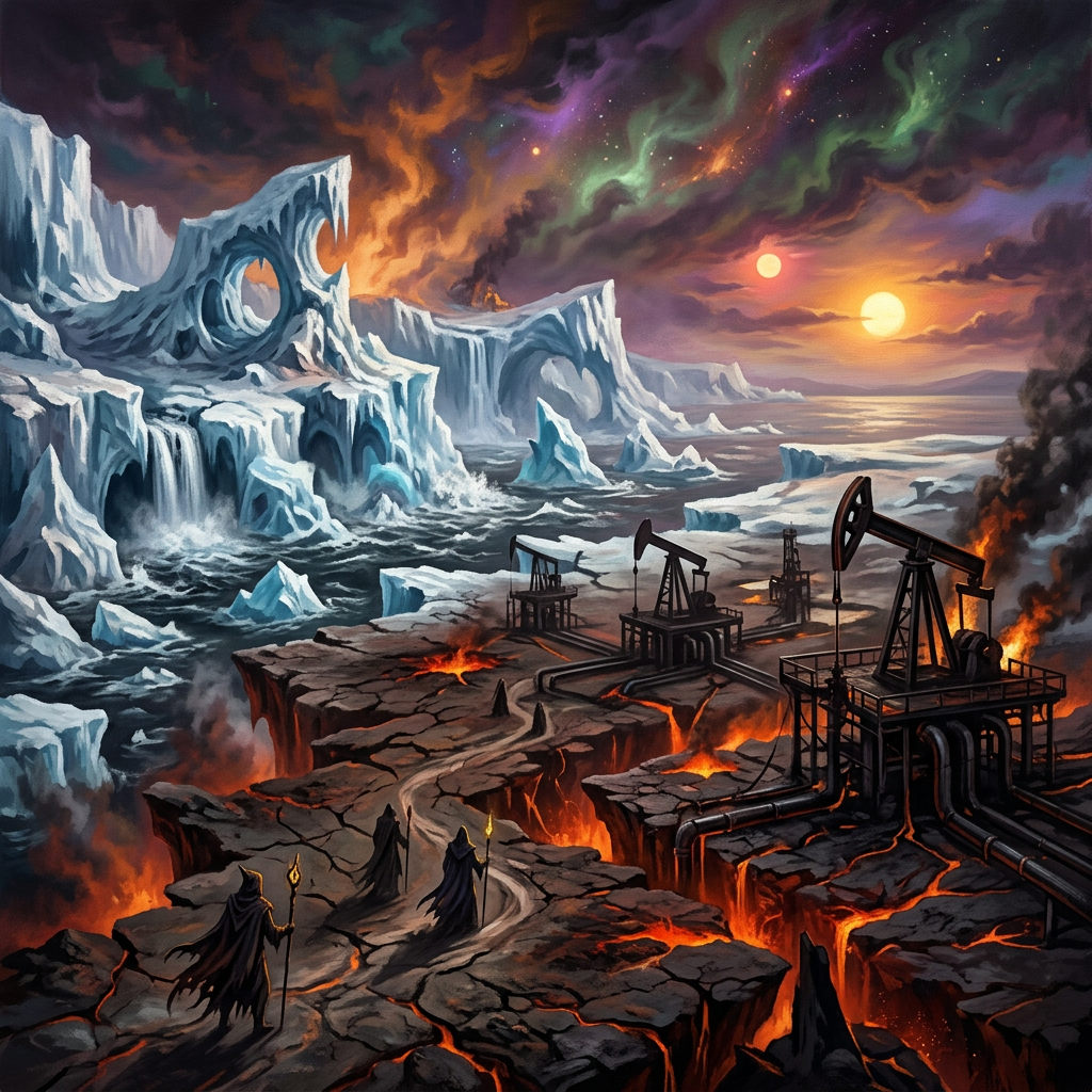 Icy cliffs and waterfalls adjacent to fiery cracked land with oil pumps and three cloaked figures