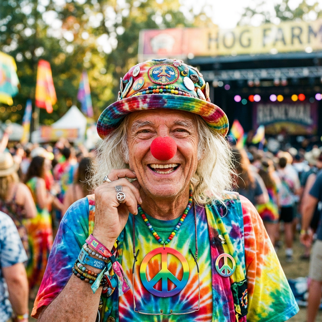 Older man smiling wearing a red clown nose and colorful tie-dye clothes with peace symbols