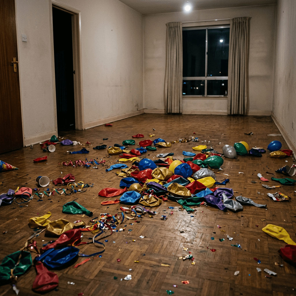 Empty room with scattered deflated balloons, party hats, streamers, and confetti on wooden floor