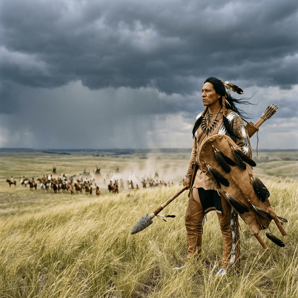 Native American warrior in traditional clothing holding a spear standing on hill overlooking village with teepees and riders
