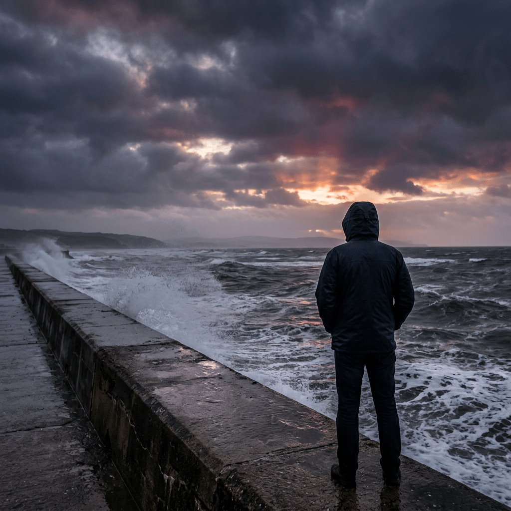 Person in hooded jacket looking at stormy ocean waves and cloudy sunset sky