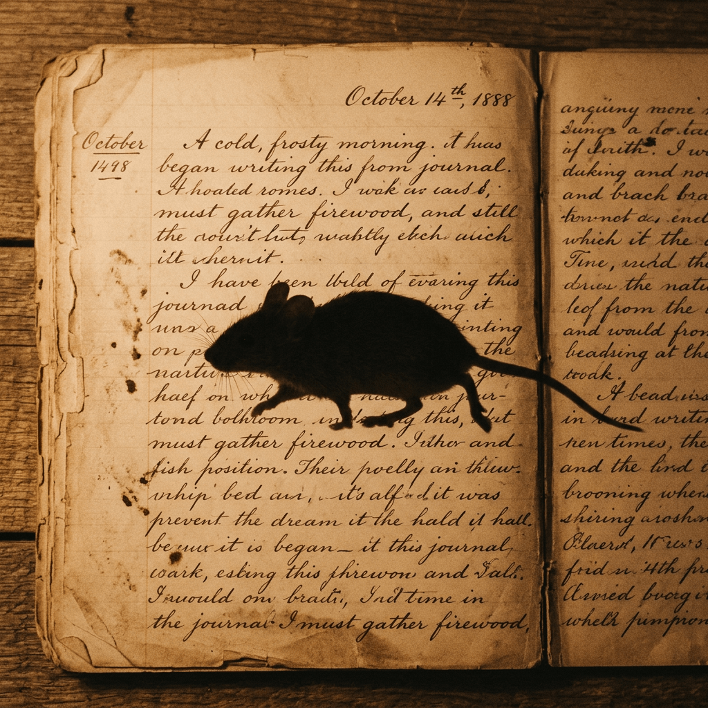 Mouse walking across an old handwritten journal page dated October 14th, 1888