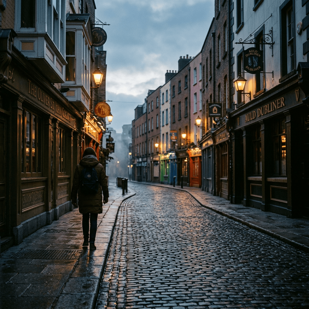 Person walking down a cobblestone street lined with lit traditional Dublin pubs and shops at dusk