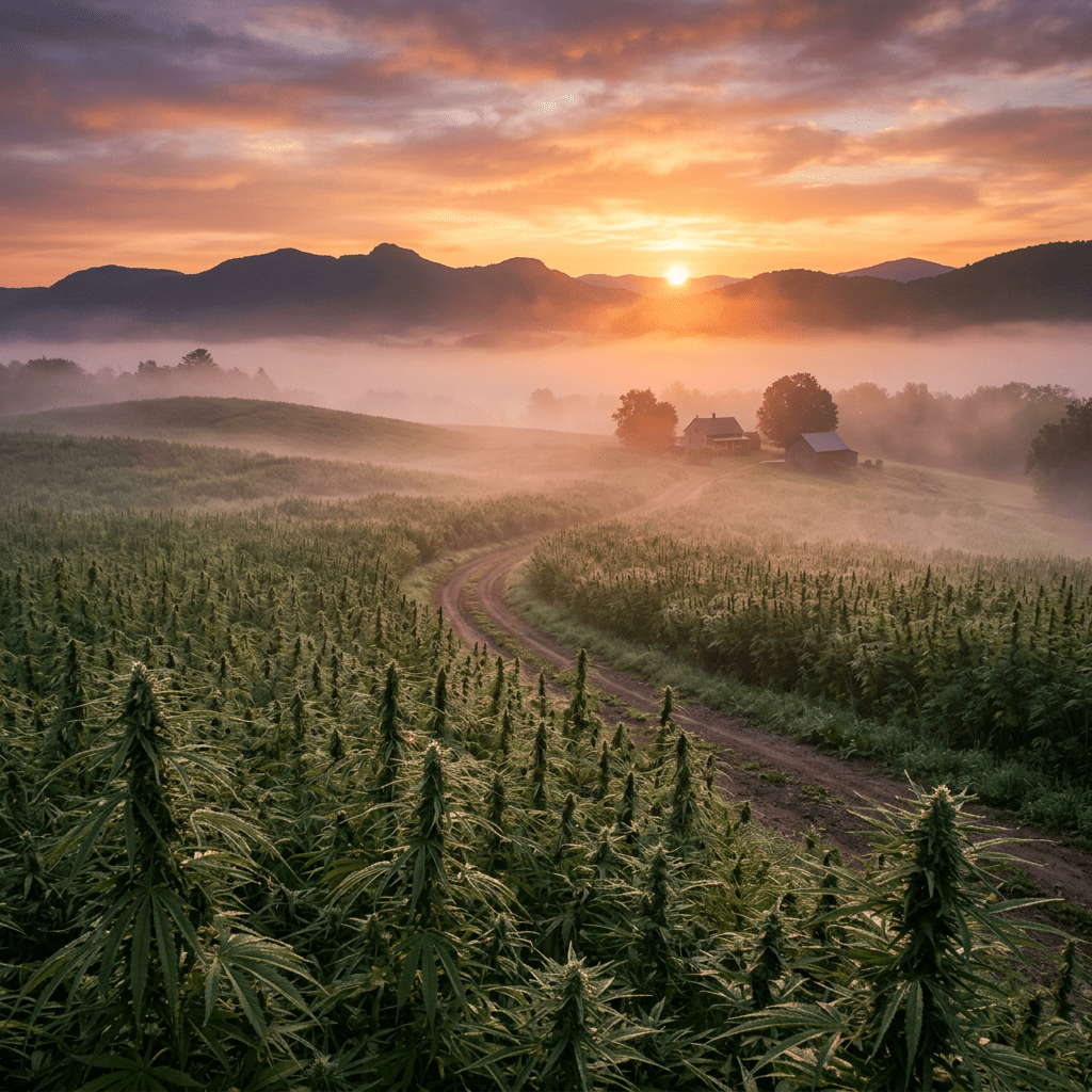 Sunrise over a foggy farmland with green hemp plants and distant mountains