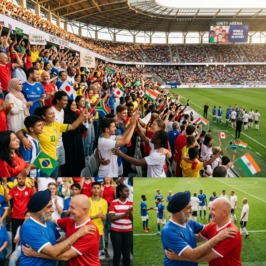 Crowd waving international flags in a stadium with players greeting each other on the field