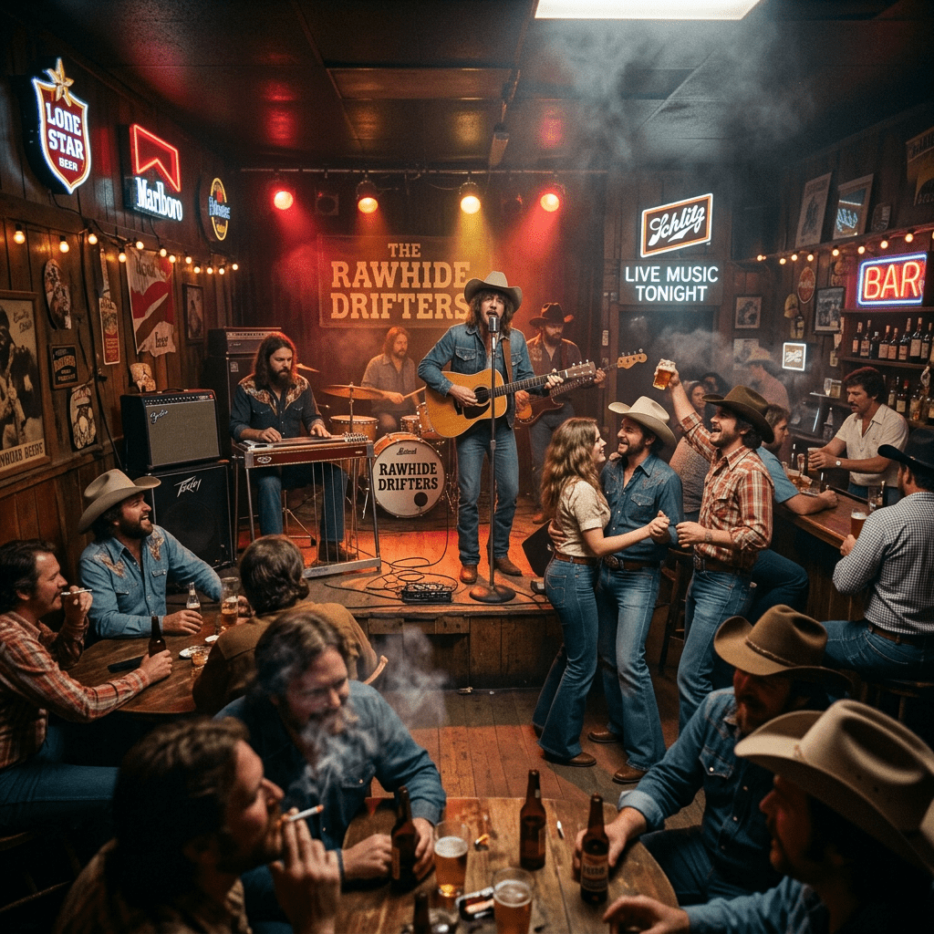 Band playing country music with a conductor and dancing crowd in a bar
