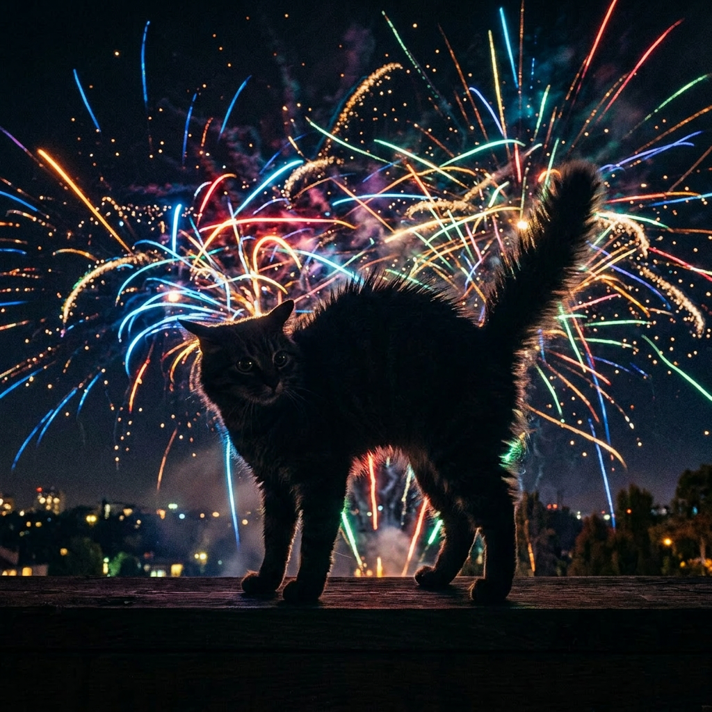 Cat sleeping on ledge with multicolored fireworks in night sky
