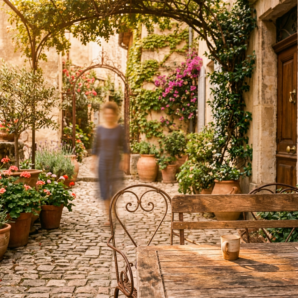 Realistic sunlit courtyard bench, amber light, blurred figure