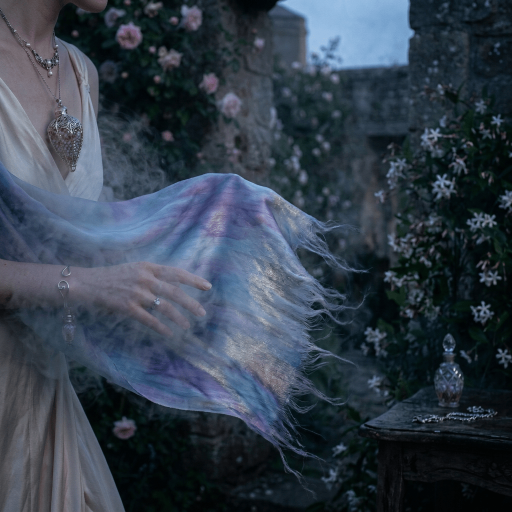 Person holding a flowing lavender scarf releasing mist in a garden