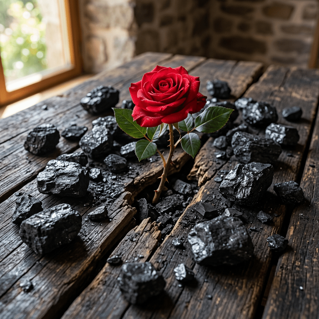 Red rose growing through cracked wooden surface surrounded by black coal pieces