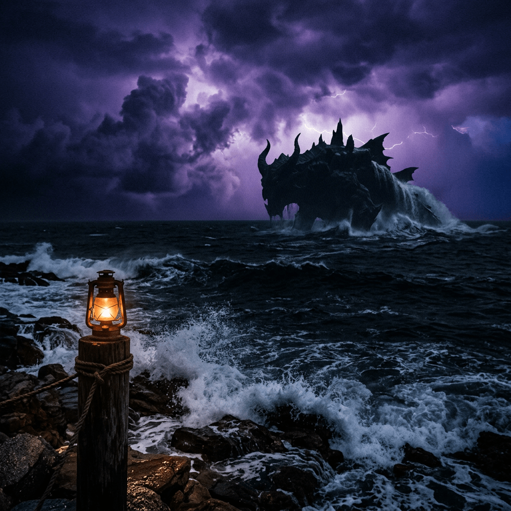 Glowing lantern beside stormy waves and horned sea creature