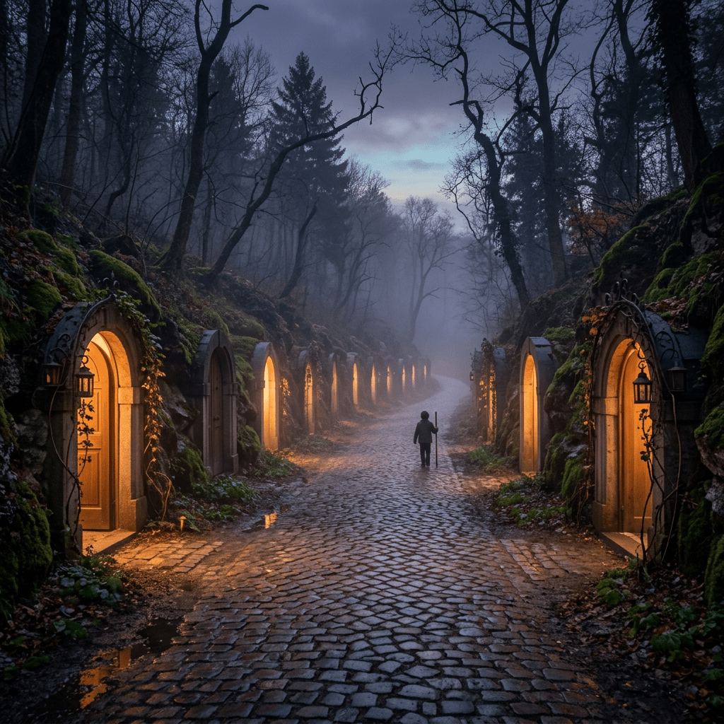 Lone traveler walking along a lantern-lit cobblestone forest path