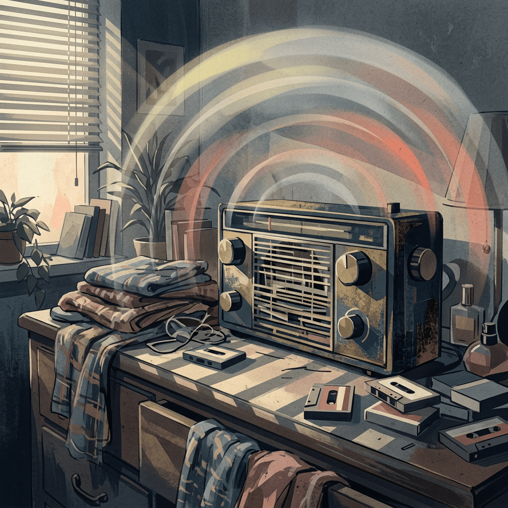 Vintage radio surrounded by cassette tapes, blankets, plants, and sunlight