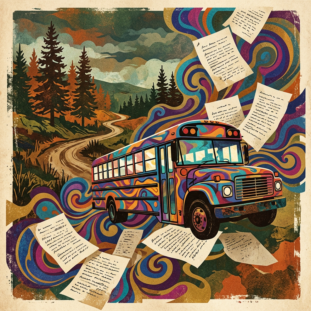Colorful bus surrounded by letters on a winding forest mountain road
