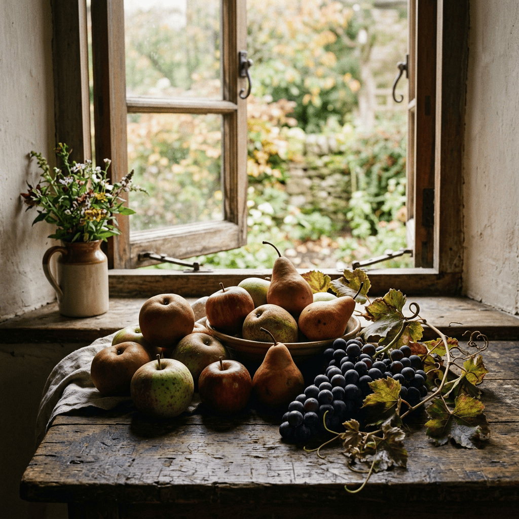 Apples, pears, and grapes arranged on a rustic table by an open window