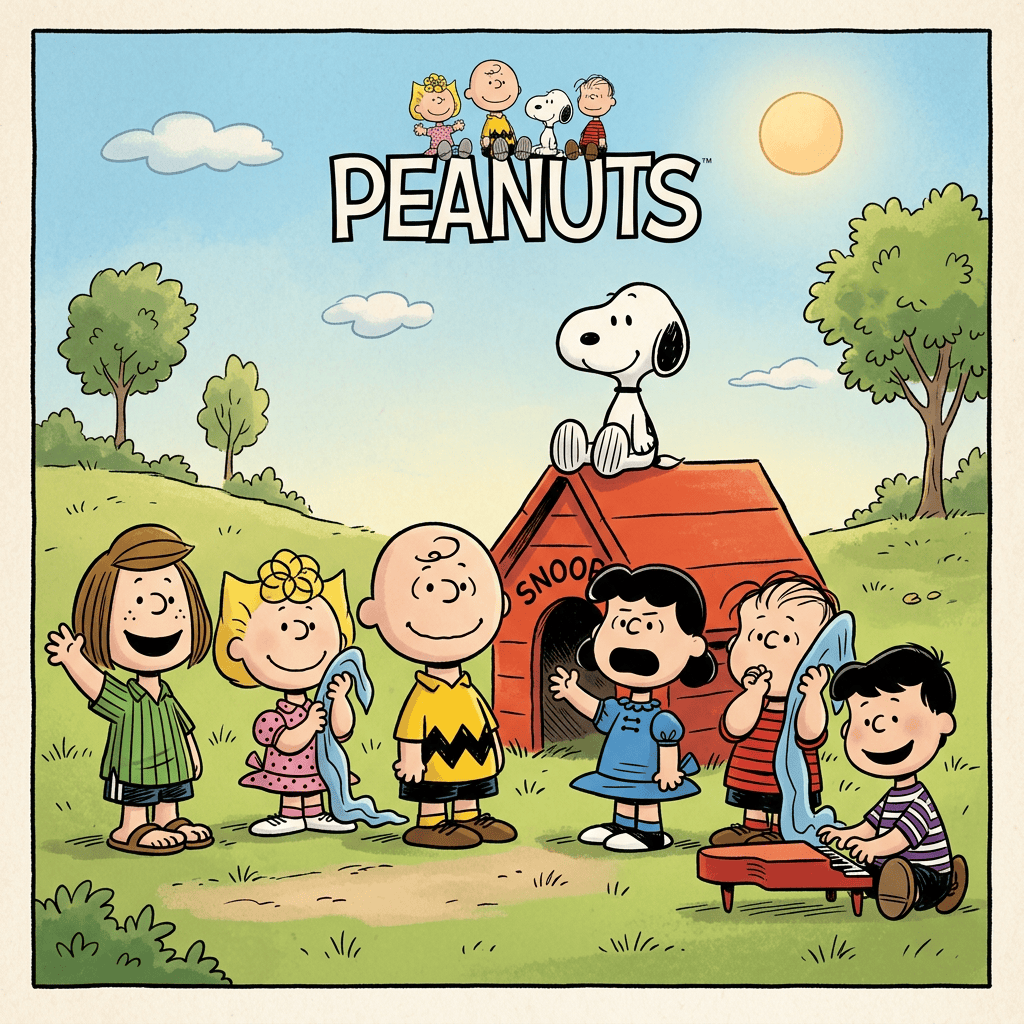 Peanuts characters gathered around Snoopy’s doghouse under a sunny sky