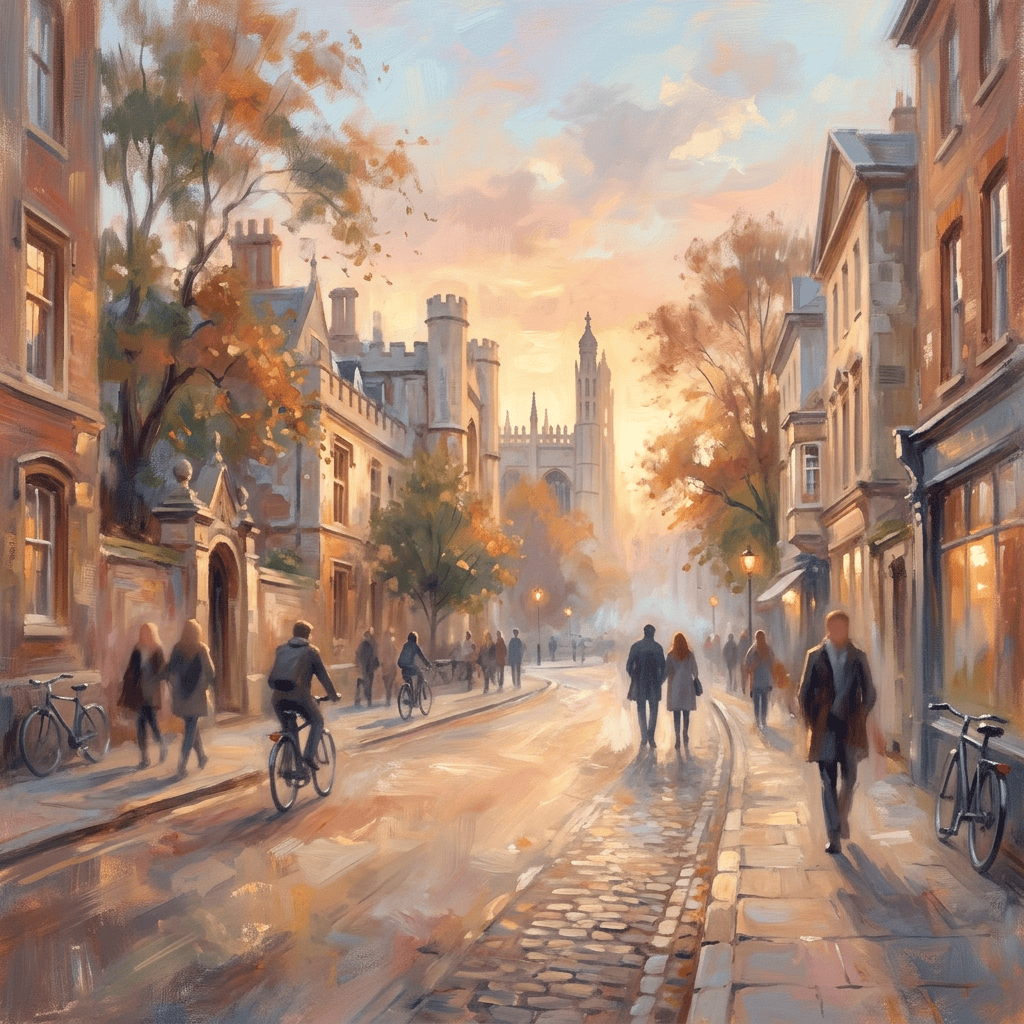 Autumn city street with cyclists, pedestrians, and historic college buildings