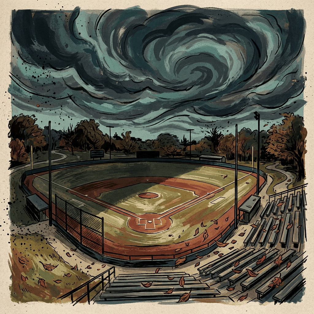 Empty baseball field beneath dramatic swirling storm clouds and autumn trees