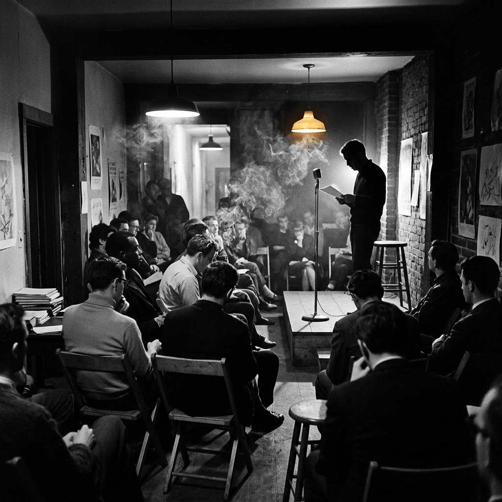 Poet reading from papers to an audience beside a microphone