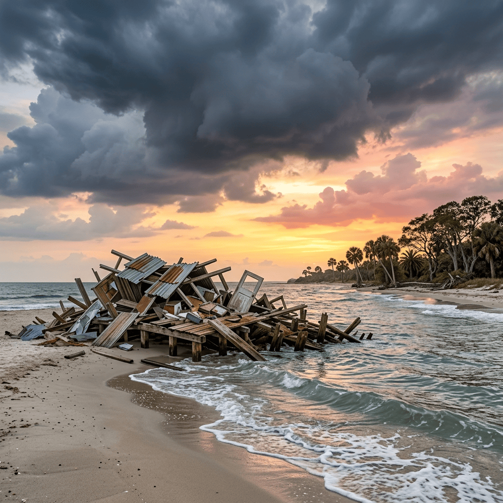 Rustic wooden shelter beside a tropical shoreline under a colorful sunset sky