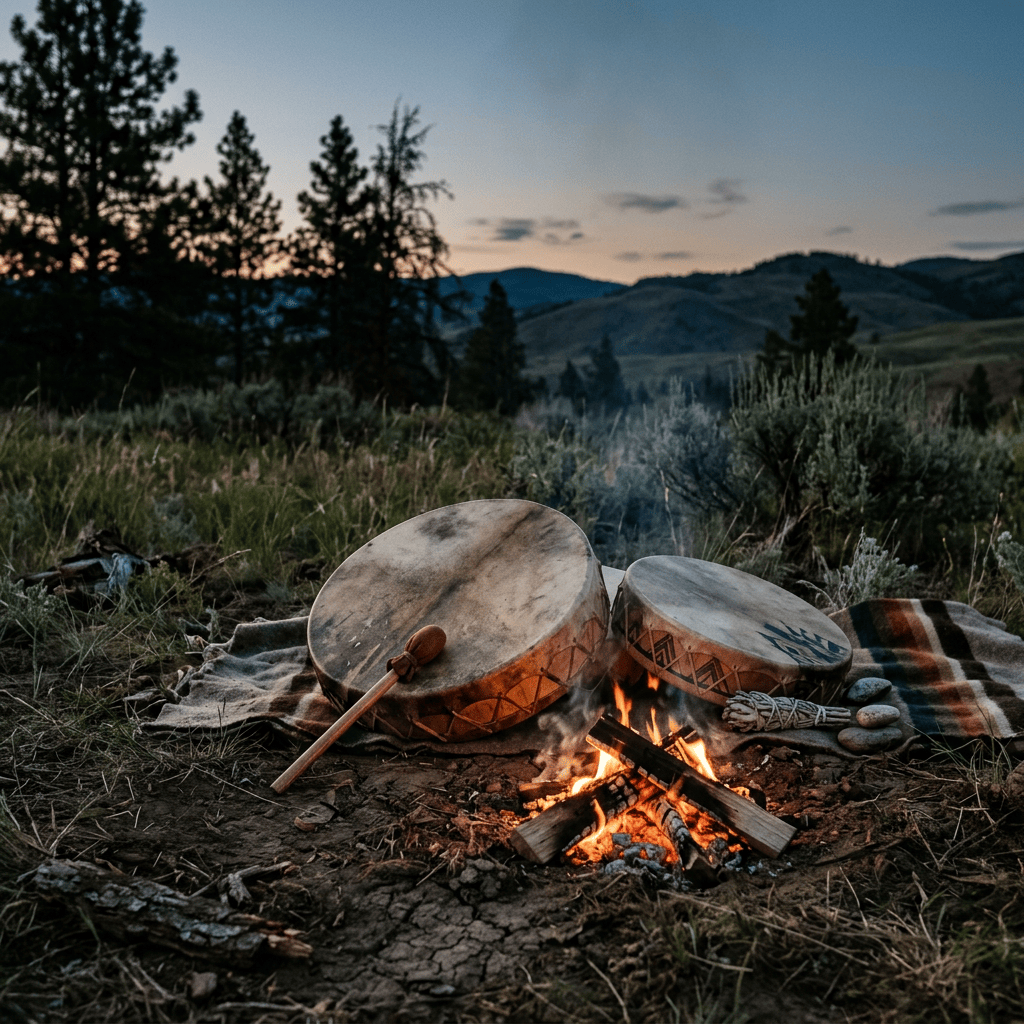 Two hand drums beside a campfire in a mountain meadow at dusk