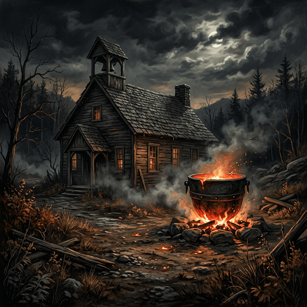 A burning cauldron outside a wooden chapel in a moonlit forest