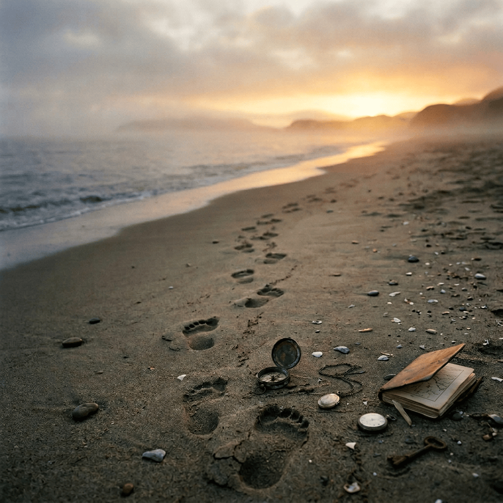 Footprints leading toward a sunset beside a compass, journal, key, and message bottle