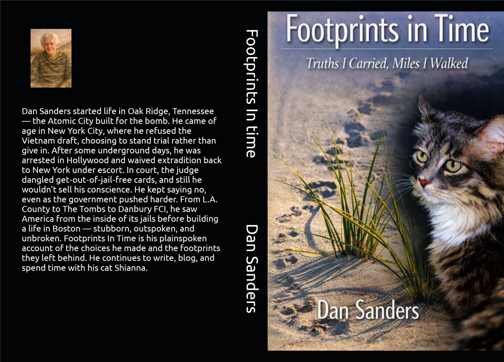 Book cover of 'Footprints in Time' by Dan Sanders, featuring a photo of the author and an illustration of a cat near footprints in the sand.